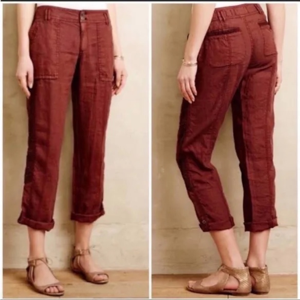Anthropologie Hei Hei linen cropped pants lace crochet side detail size 27